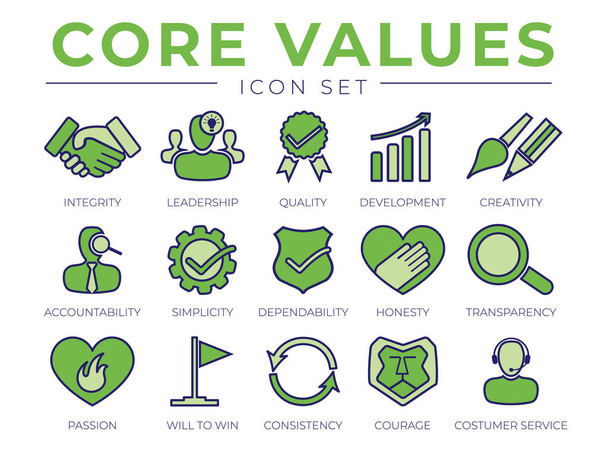 Green Core Values Conjunto de ícones retro. Integridade, Liderança, Qualidade e Desenvolvimento, Criatividade, Responsabilidade, Simplicidade, Dependência, Honestidade, Transparência Paixão, Consistência Coragem Ícones de Atendimento ao Cliente
. - Vetor, Imagem