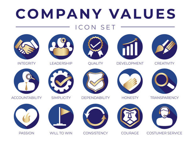 Gold Company Core Values Round Web Icon Set. Ακεραιότητα, Ηγεσία, Ποιότητα και Ανάπτυξη, Δημιουργικότητα, Λογοδοσία Αξιοπιστία Διαφάνεια, Πάθος, Συνέπεια και Εξυπηρέτηση Πελατών Εικόνες. - Διάνυσμα, εικόνα