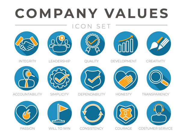 Company Core Values Round Flat Icon Set. Integrity, Leadership, Quality and Development, Creativity, Accountability, Simplicity, Dependability, Honesty, Transparency, Passion Icons. - Vector, Image