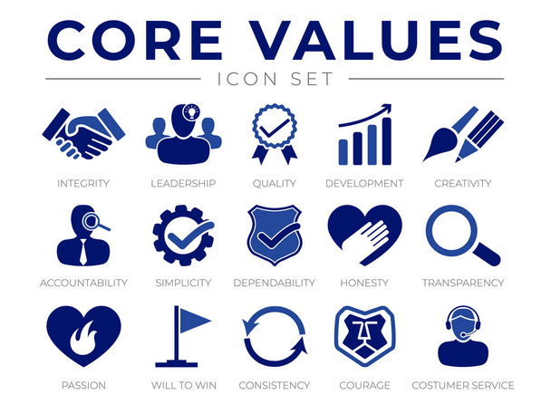 Základní hodnoty společnosti Ikona nastavena. Integrita, Vedení, Kvalita a rozvoj, Kreativita, Odpovědnost, Jednoduchost, Spolehlivost, Upřímnost, Transparentnost, Vášeň, Vůle vyhrát, Konzistence, Odvaha a služby zákazníkům ikony. - Vektor, obrázek