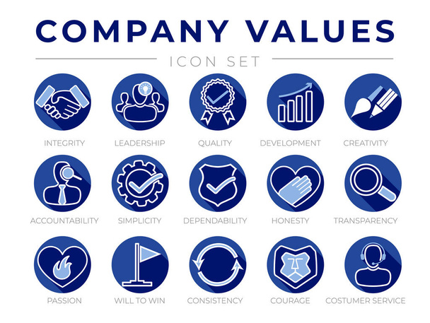 Blue Round Company Core Values Flat Icon Set. Integrita, Vedení, Kvalita a rozvoj, Kreativita, Odpovědnost, Jednoduchost, Spolehlivost, Upřímnost, Transparentnost, Vášeň, Zákaznický servis ikony. - Vektor, obrázek