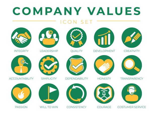Company Core Values Round Web Icon Set. Integrity, Leadership, Quality and Development, Creativity, Accountability, Simplicity, Dependability, Honesty, Transparency, Passion, Will to win, Consistency, Courage and Customer Service Icons. - Vector, Image
