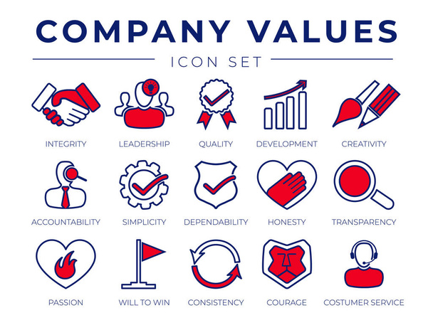 Hodnoty jádra sady ikon Retro Integrita, Vedení, Kvalita a rozvoj, Kreativita, Odpovědnost, Jednoduchost, Spolehlivost, Upřímnost, Transparentnost, Vášeň, Vůle vyhrát, Konzistence, Odvaha a služby zákazníkům ikony. - Vektor, obrázek