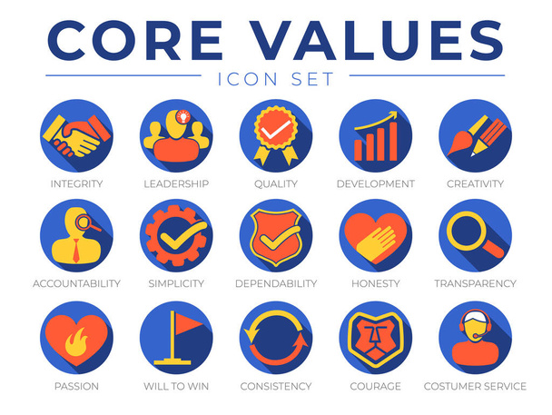 Cég alapvető értékek kerek web ikon készlet. Integritás, vezetés, minőség és fejlesztés, kreativitás, elszámoltathatóság, egyszerűség, megbízhatóság, őszinteség, átláthatóság, szenvedély, győzni akarás, következetesség, bátorság és ügyfélszolgálat ikonok. - Vektor, kép