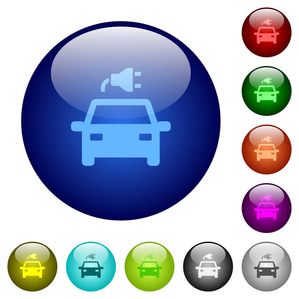 Ηλεκτρικό αυτοκίνητο με εικονίδια σύνδεσης σε στρογγυλά γυάλινα κουμπιά σε διάφορα χρώματα. Δομή διατεταγμένου στρώματος - Διάνυσμα, εικόνα