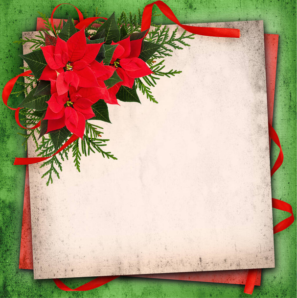 Christmas red poinsettia flowers arrangement and red ribbon bow on grunge paper background - Foto, Imagem