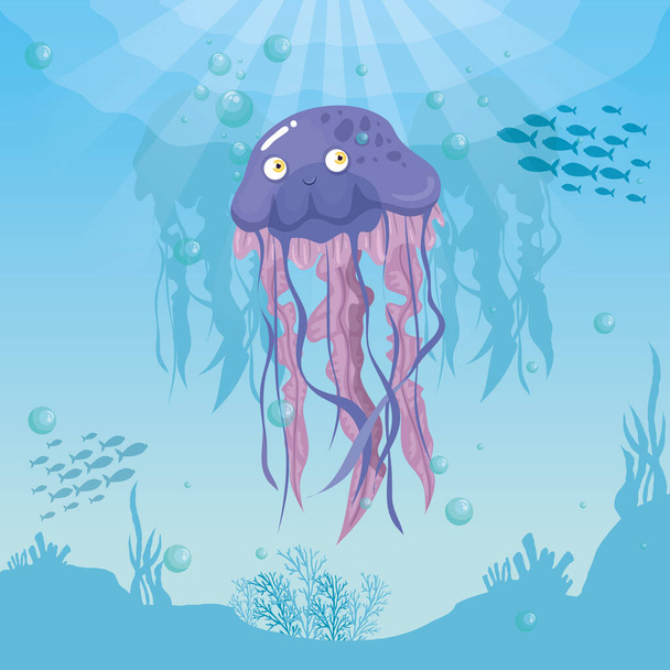 jellyfish animal marine in ocean, with ornamental fishes, sea world dwellers, cute underwater creatures,habitat marine - Vector, Image