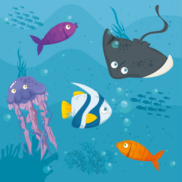 stingray animal marine in ocean, with cute underwater creatures,habitat marine - Vector, Image