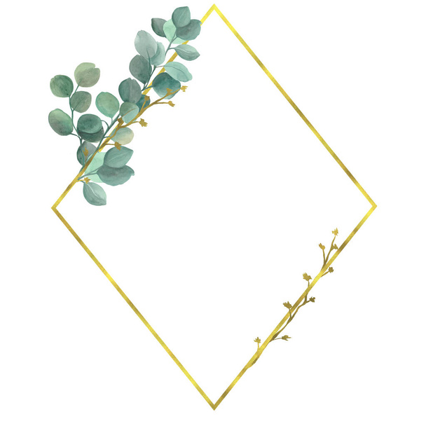 Watercolor gold geometric eucalyptus frame - Φωτογραφία, εικόνα