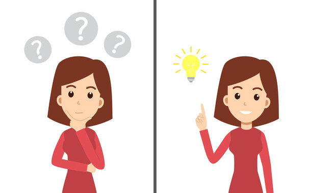 Ilustração vetorial de uma mulher pensando com muitas perguntas bolha e piscar ideia com um ícones lâmpada
. - Vetor, Imagem