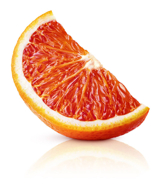 Slice of red blood orange citrus fruit stand isolated on white background. Red orange slice with clipping path. - Foto, Bild