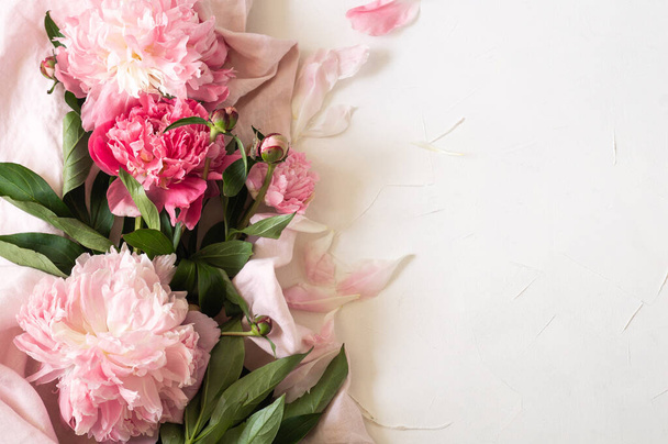 Peonies Flat lay. Beautiful peony flower for any holiday. - 写真・画像