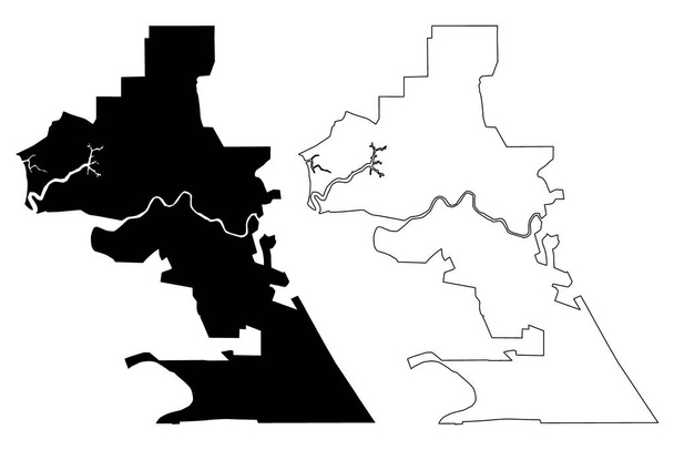 Королевский город Кланг (Малайзия, штат Селангор) карта векторная иллюстрация, каракули эскиз карты города Келанг - Вектор,изображение