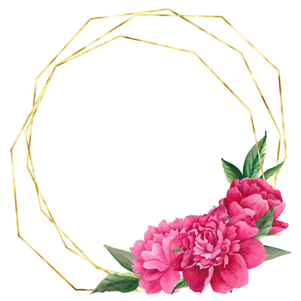 Acquerello rosa peonia cornice in oro
 - Foto, immagini