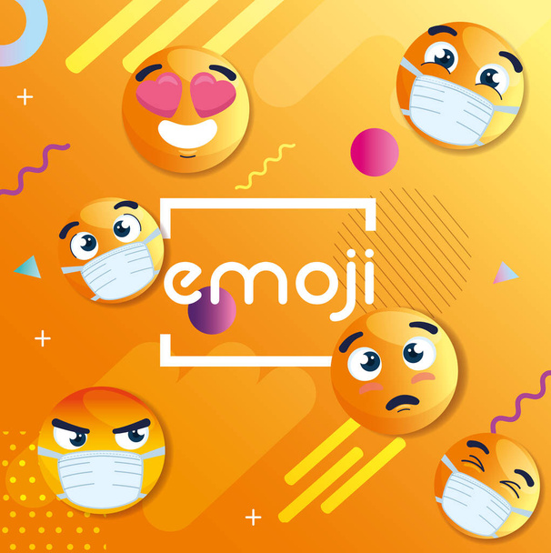 set of emoji wearing medical masks, icons for covid 19 coronavirus in geometric abstract background - Vector, Image