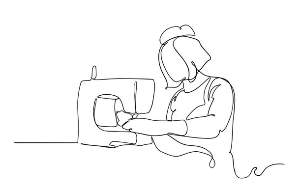 Непрерывный одиночный рисунок одна линия женщина шьет за швейной машинкой ручной работы картина силуэт. Линейное искусство. Силуэт женщины, сидящей с швейной машинкой изолирован
. - Вектор,изображение
