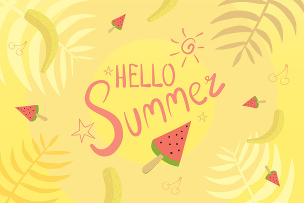 Hello Sunny Summer Vector Background Illustration With Watermelon, Banana and Cherry.  - Вектор, зображення