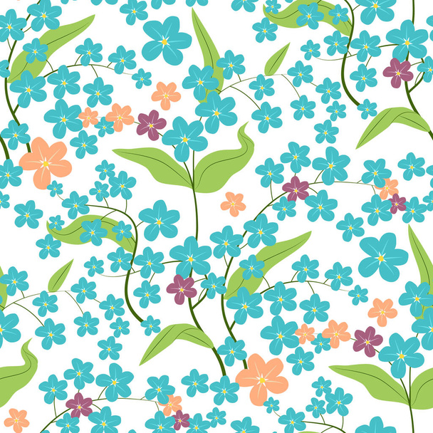 Colorful floral seamless pattern with forget-me-not flowers on white background. Stock vector illustration. - Vector, Image