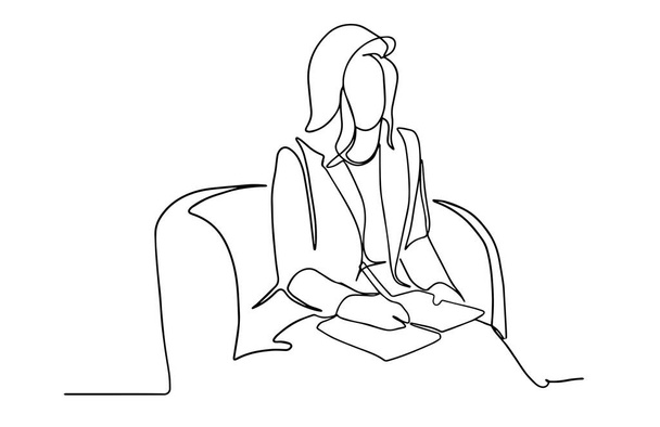 Συνεχής γραμμή γυναίκα που γράφει με στυλό. Γυναικεία εκπαίδευση. Η πωλήτρια γράφει σε ένα ημερολόγιο που κάθεται σε μια πολυθρόνα. Γυναίκα κρατώντας σημειώσεις διάνυσμα γραμμή - Διάνυσμα, εικόνα