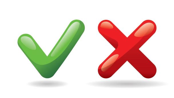 Teszt ellenőrző jel gombok ikon. Kullancs és kereszt szavazat szimbólum. Zöld - igen, piros - nem. Sablon design web vagy mobil alkalmazás, Vector. - Vektor, kép