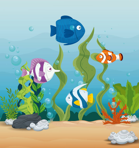 cute fishes wild marine animals in ocean, seaworld dwellers, cute underwater creatures,habitat marine concept - Vector, Image