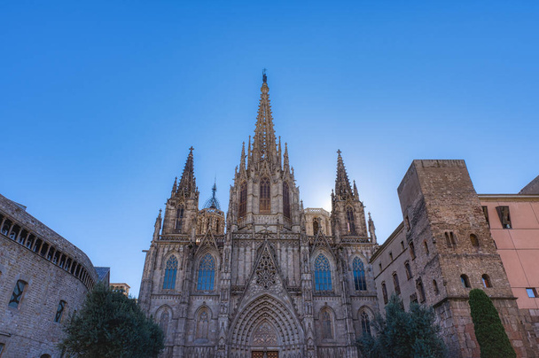 A barcelonai katedrális, részlet a fő homlokzat tipikus gótikus stílusban kő frízek és vízköpők. Barri Gotic, Barcelona. Spanyolország. - Fotó, kép