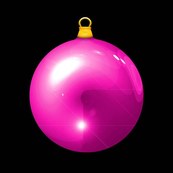 Een roze, 3D, doorschijnende, glanzende kerstbal voor de kerstboom geïsoleerd op een zwarte achtergrond - Foto, afbeelding