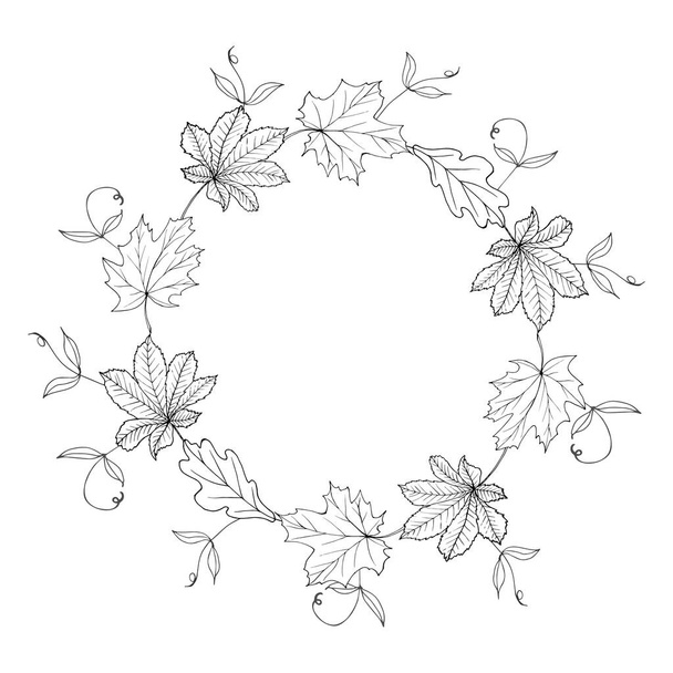 Monochrome wreath of autumn leaves. Round frame with leaves for fashion, greetings, background for save the dates. Black and white. Vintage. Vector. - Vector, Image