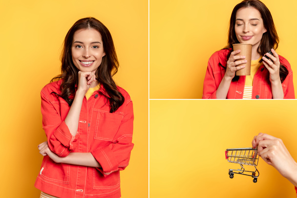 Collage einer fröhlichen Frau, die Coffee to go riecht und einen kleinen Einkaufswagen auf gelb hält - Foto, Bild