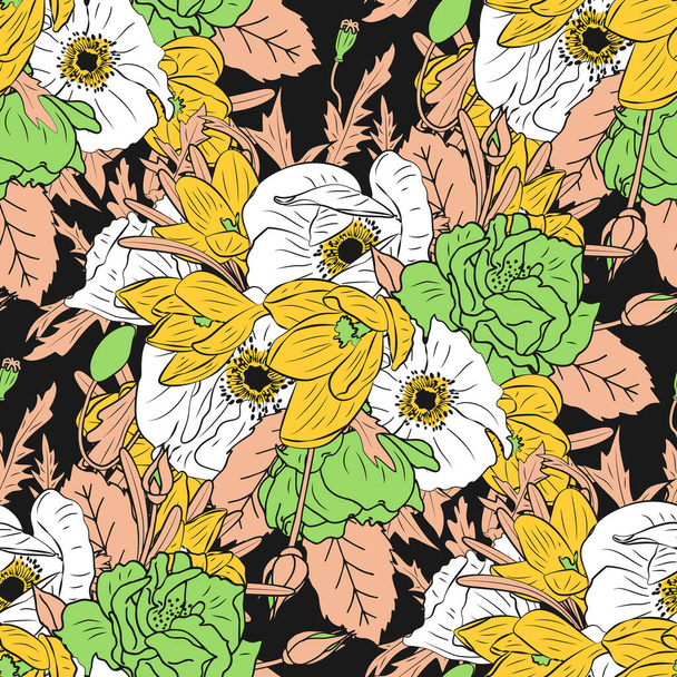 Colorful floral seamless pattern with hand drawn rose, poppy and crocus flowers on black background. Stock vector illustration. - Вектор,изображение