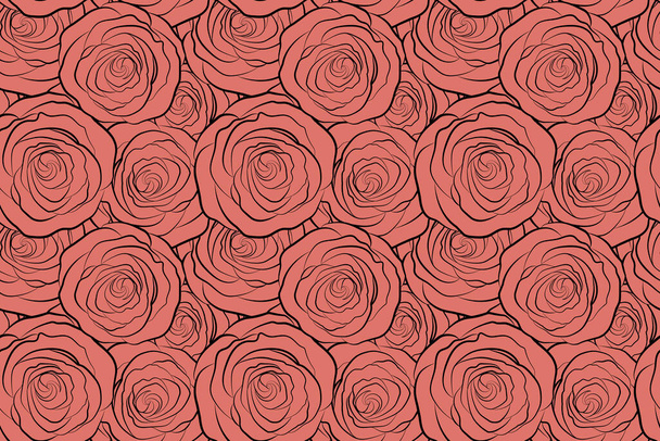シームレスなバラのパターン。ピンクの花でスケッチ。手描きシルエット. - 写真・画像