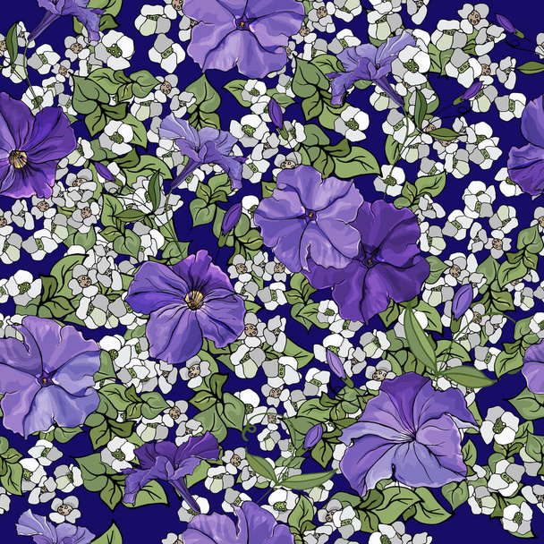 Seamless pattern with violet petunias and green leaves on blue background. Floral pattern for textile, wallpapers, print, web pages, greeting cards. - Vector, Image