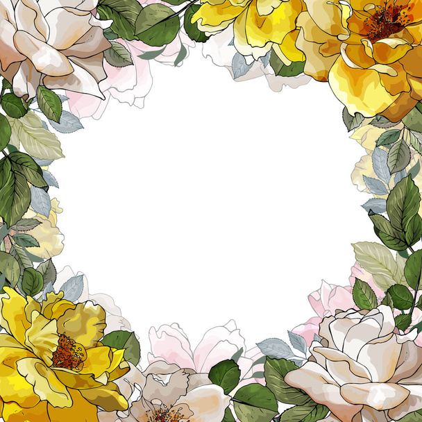 Floral frame of white and yellow flowers roses and green leaves on white background. Copy space. Hand drawn. For valentines day greeting card design, wedding invitation. Vector illustration. - Vector, Imagen