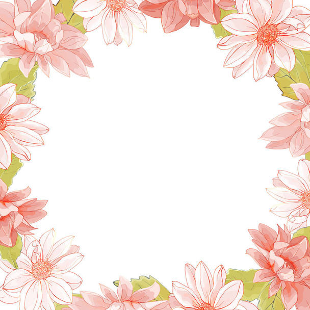 Floral frame of light pink flowers on white background. Dahlias and leaves. For your design, wedding stationary, fashion, invitation template, greeting card, saving the date card. Copy space. Vector. - Wektor, obraz
