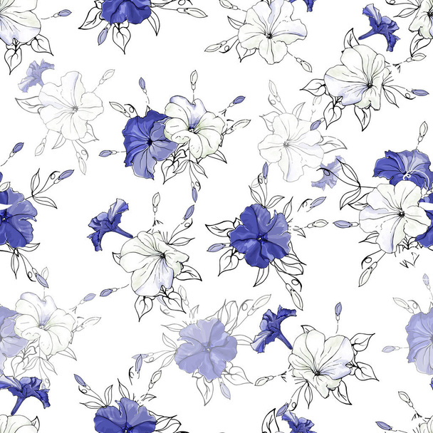 花を白や紫のペチュニアでシームレスに咲かせ、白地に輪郭を残します。手描き。デザイン、繊維、印刷、壁紙、包装紙のために。ベクターストックイラスト. - ベクター画像