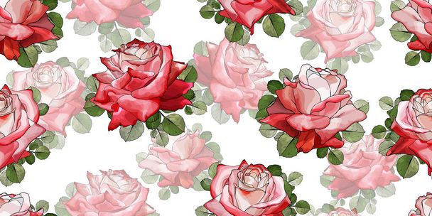 白を基調とした赤バラと緑の葉が美しいシームレスな花模様。手描き。織物、壁紙、印刷、挨拶のために。水彩画。ベクターストックイラスト. - ベクター画像