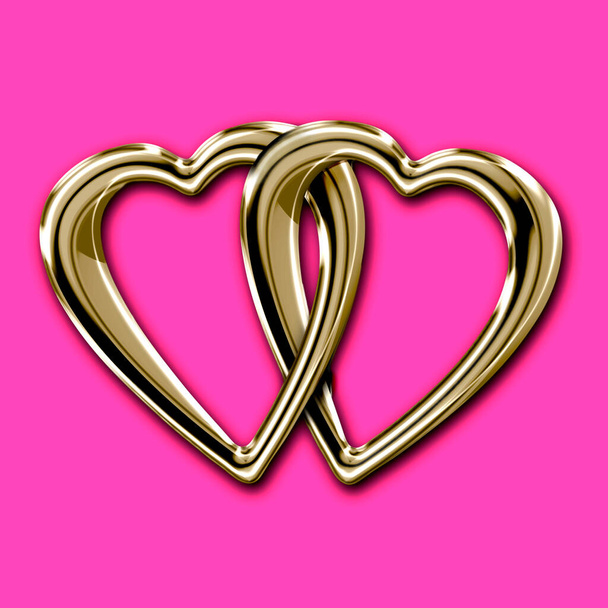 Два блестящих золотых сердца, соединенных вместе в знак общей любви, изолированных на глубоком розовом
 - Фото, изображение