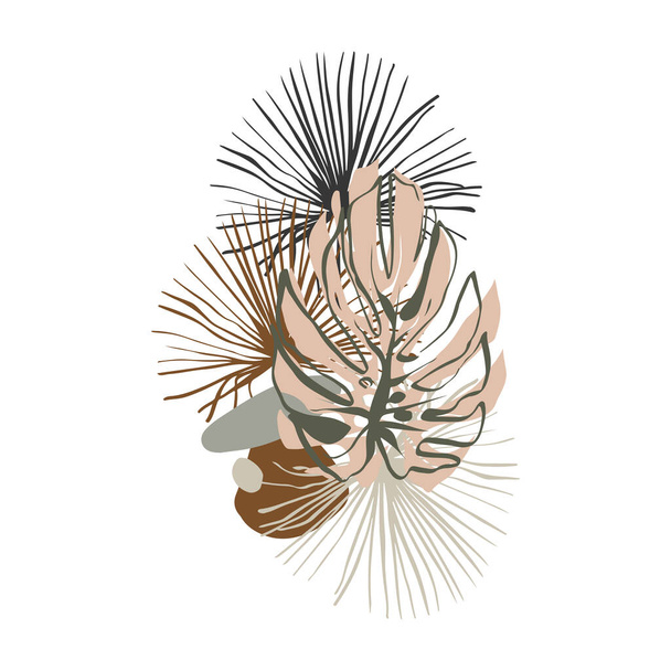 Vector abstracte vormen en tropische bladeren met de hand getekend. Moderne minimalistische kunst, elementen van lineaire kunst, stijlvolle trendkleuren. Textielontwerp, bedrukking voor t-shirts, kaarten, visitekaartjes, stemmingsborden en kalenders - Vector, afbeelding