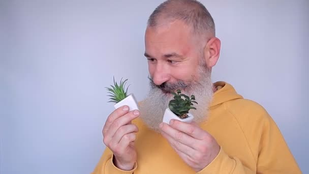 Nahaufnahme eines fröhlichen reifen Mannes mit kleinen Topfpflanzen. Älterer Mann lacht auf grauem Hintergrund. - Filmmaterial, Video