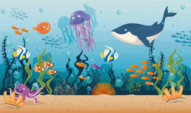 синій кит з рибами та дикими морськими тваринами в океані, жителі морського світу, милі підводні істоти, що населяють морську концепцію
 - Вектор, зображення