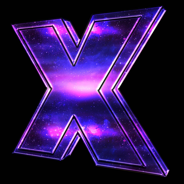 X σύμβολο σε 3D κείμενο με ουράνιο σχέδιο απομονωμένο σε μαύρο - Φωτογραφία, εικόνα