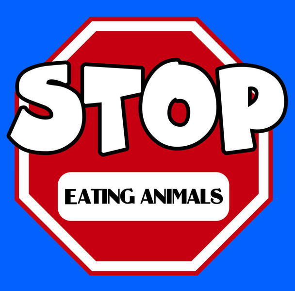 Восьмиугольный знак "Стоп" в красно-белом с надписью "есть животных" на синем фоне
 - Фото, изображение
