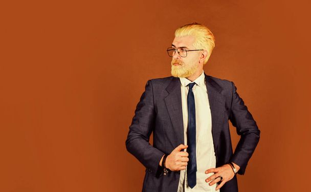 his perfect style. mature man dyed beard hair. grooming for formal meeting. male beauty and charisma. professional barber at barbershop. agile business. copy space. confident businessman wear glasses - Photo, image