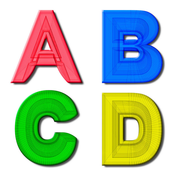 Colored letters A B C D in  with a distinctive wireframe design on white - Photo, Image