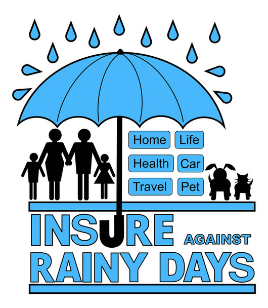 Ubezpieczenie na deszczowe dni z parasolem i kroplami deszczu w kolorze niebieskim i czarnym na białym - Zdjęcie, obraz