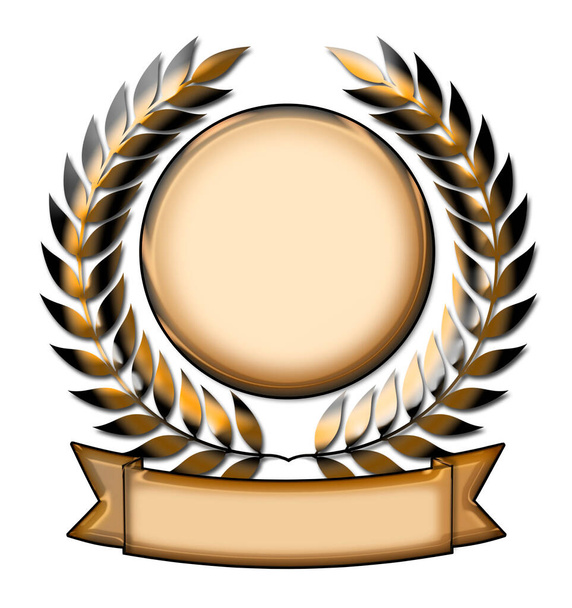 Złoty emblemat nagrody wieniec laurowy z chorągwią izolowaną na białym - Zdjęcie, obraz