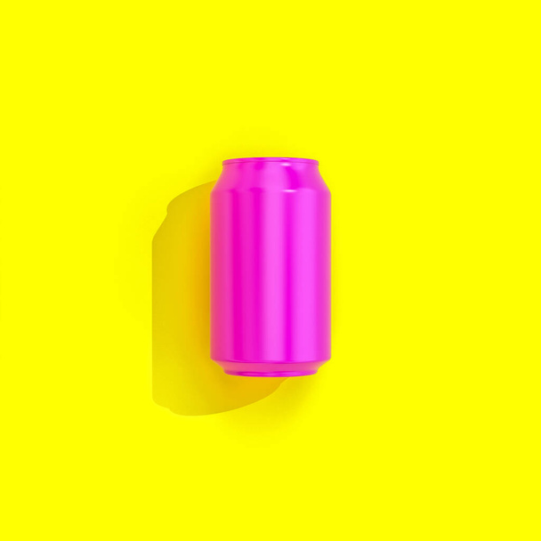 fuchsia tin top view on yellow background in flat lay style. 3d render. - Fotografie, Obrázek