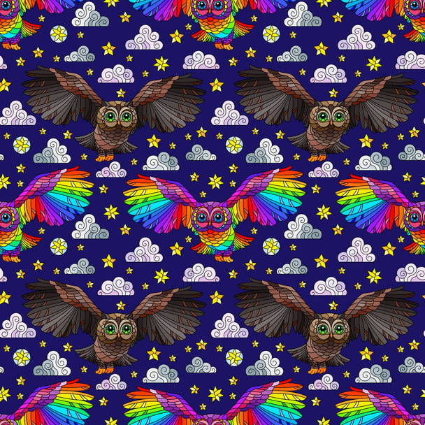 Απρόσκοπτη μοτίβο με κουκουβάγιες, αστέρια και σύννεφα σε σκούρο μπλε φόντο - Διάνυσμα, εικόνα