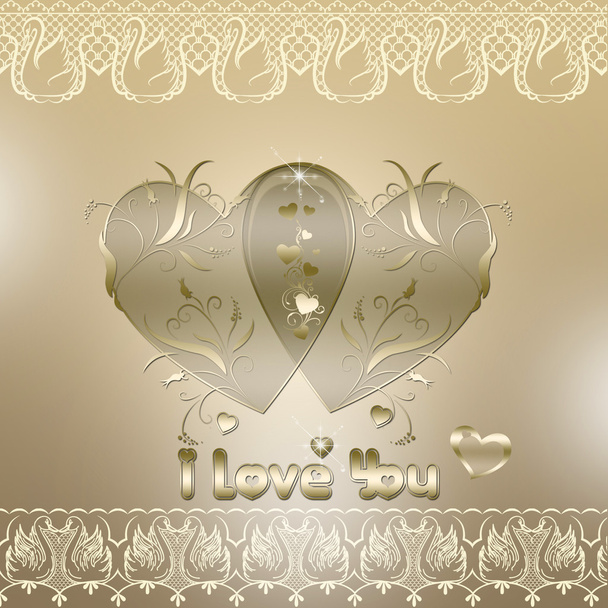 Valentinskarte mit Herzen und Spitze auf goldenem Hintergrund - Foto, Bild