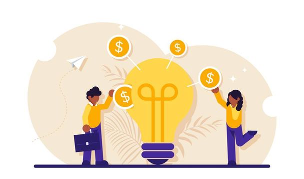 Invest In Idea concept. Businessman or investor putting dollar coin into slot in light bulb. Venture investment, startup funding, financing innovative technology. Modern flat illustration. - Vector, Image